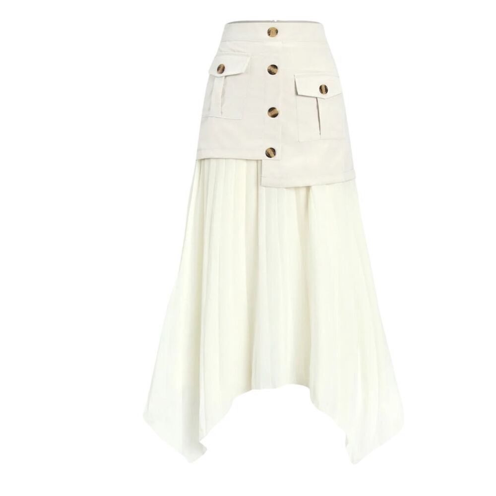 Commense Asymmetrical Pleated Midi Skirt NEW Size Large in Cream - Picture 2 of 10